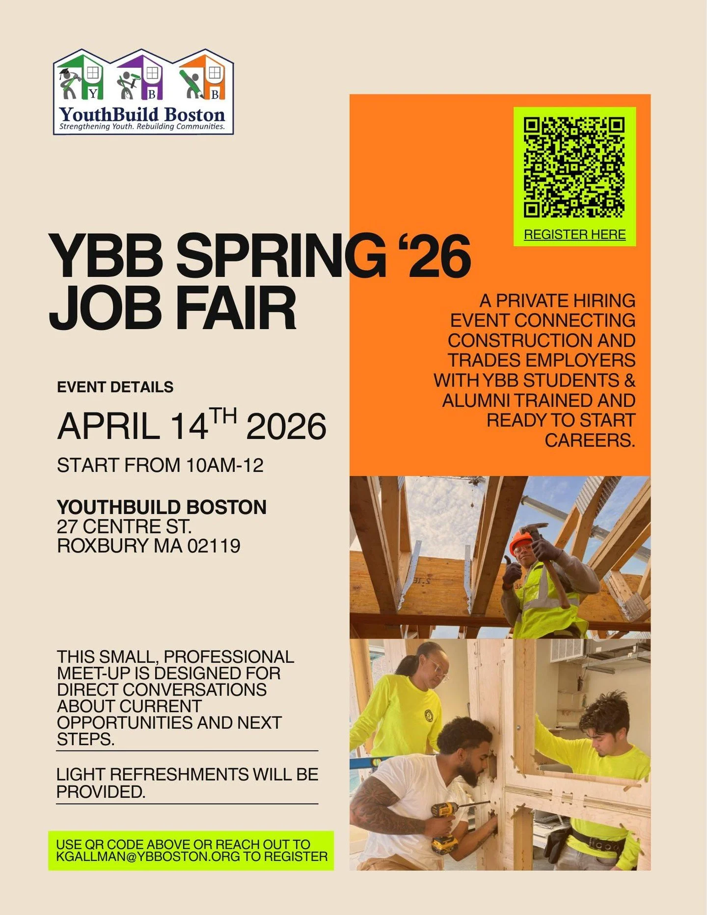 Looking for trained, reliable talent? Meet your next hire at our YouthBuild Boston Job Fair!

Our YouthBuild Boston Alumni are skilled, job-ready, and eager to work.
Join us on April 14th and connect directly with candidates!

‼️Scan the QR code or L