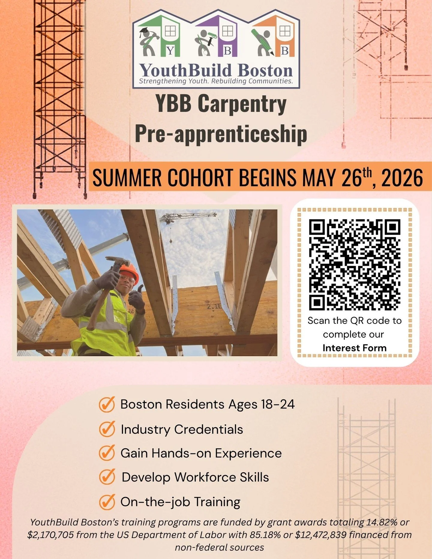 Are you a Boston resident ages 18&ndash;24 interested in starting a career in the trades?

YouthBuild Boston&rsquo;s Carpentry Pre-Apprenticeship Program offers industry credentials, hands-on carpentry experience, on-the-job training opportunities, a