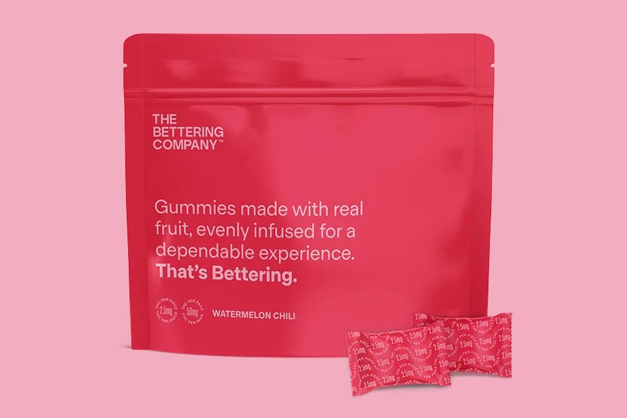 The Bettering Company cannabis gummies packaging featuring the colorful product identity system.
