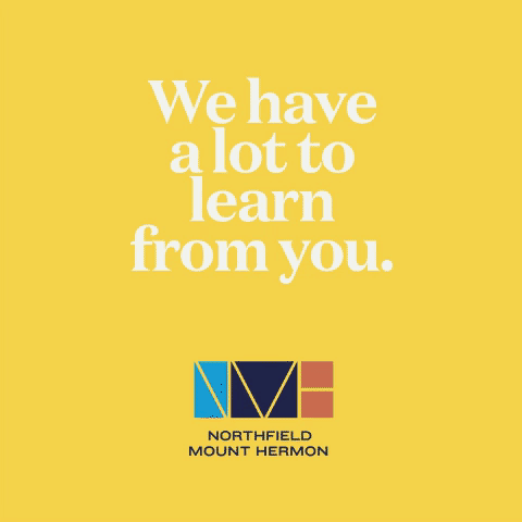 Northfield Mount Hermon student photography integrated with the geometric brand identity.