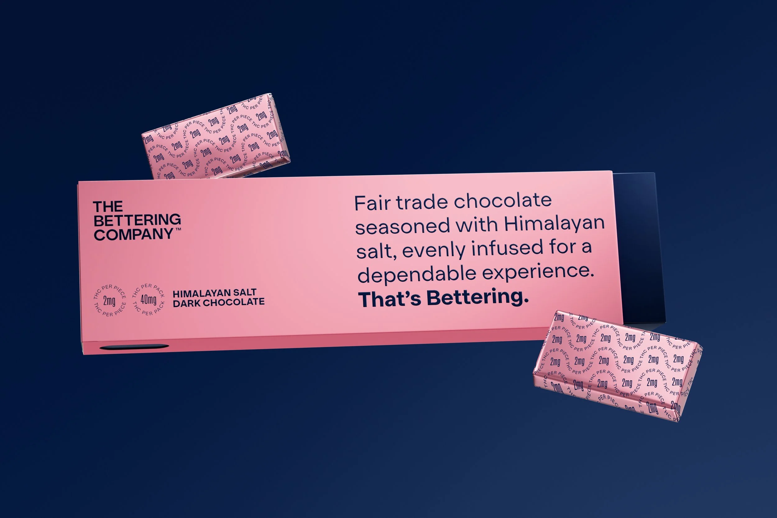 The Bettering Company cannabis chocolate packaging featuring the brand’s precise, minimal visual identity.