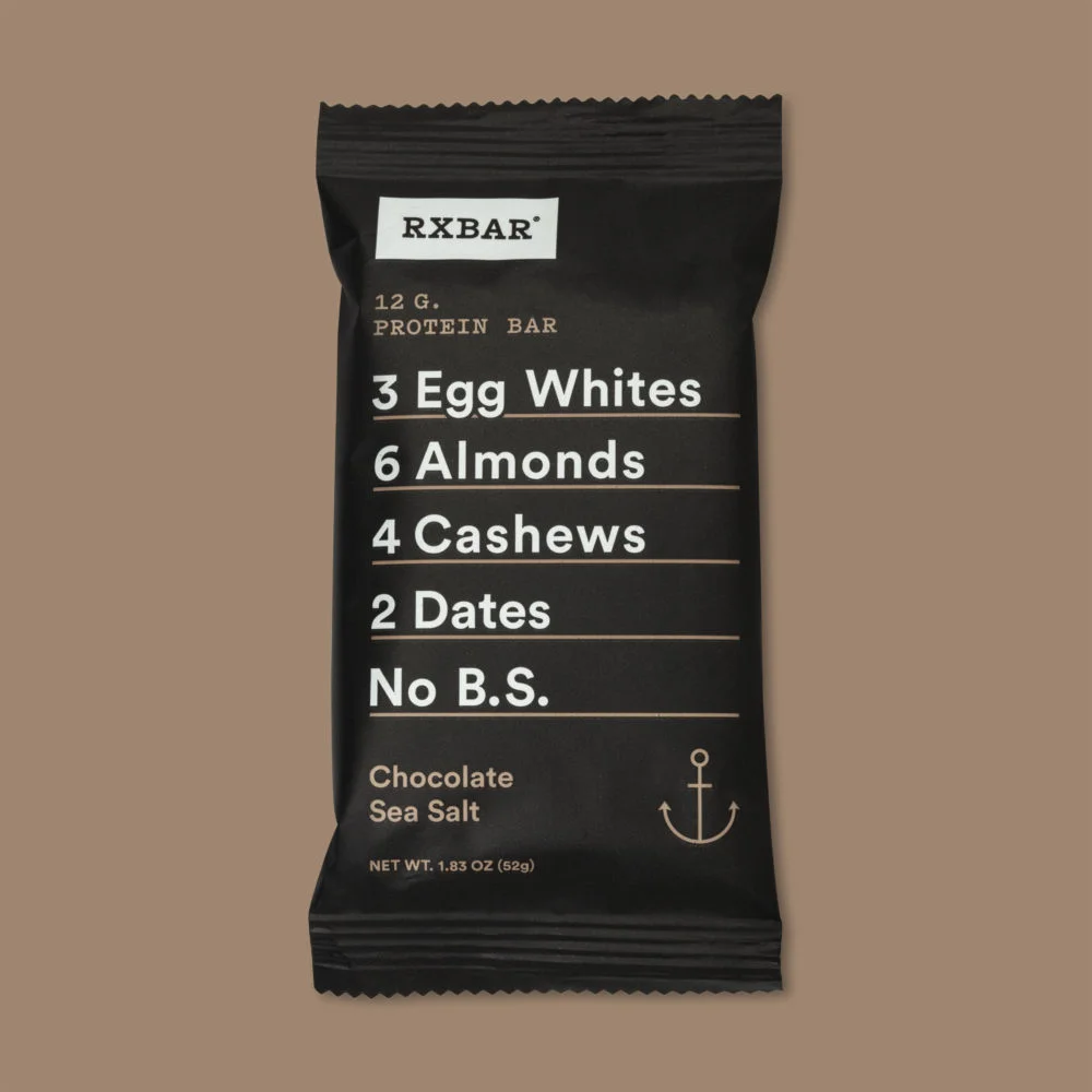 RXBAR Chocolate Sea Salt packaging featuring the ingredient list and No B.S. brand message.
