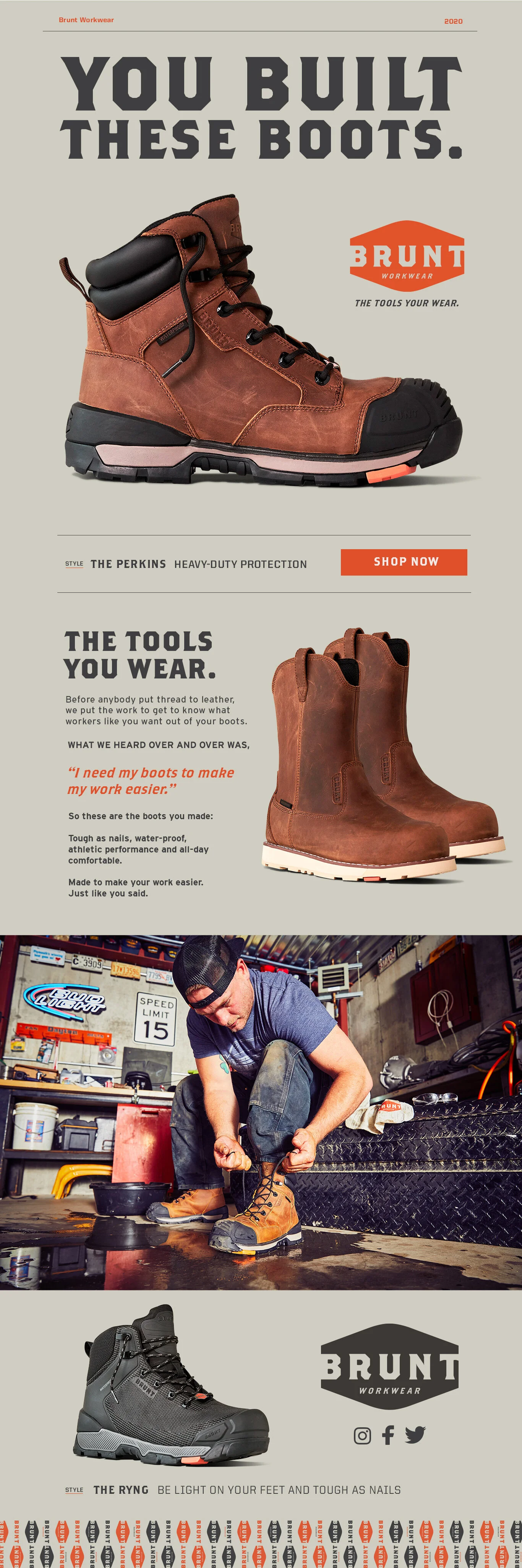 BRUNT Workwear email design featuring work boots, brand messaging and lifestyle photography.