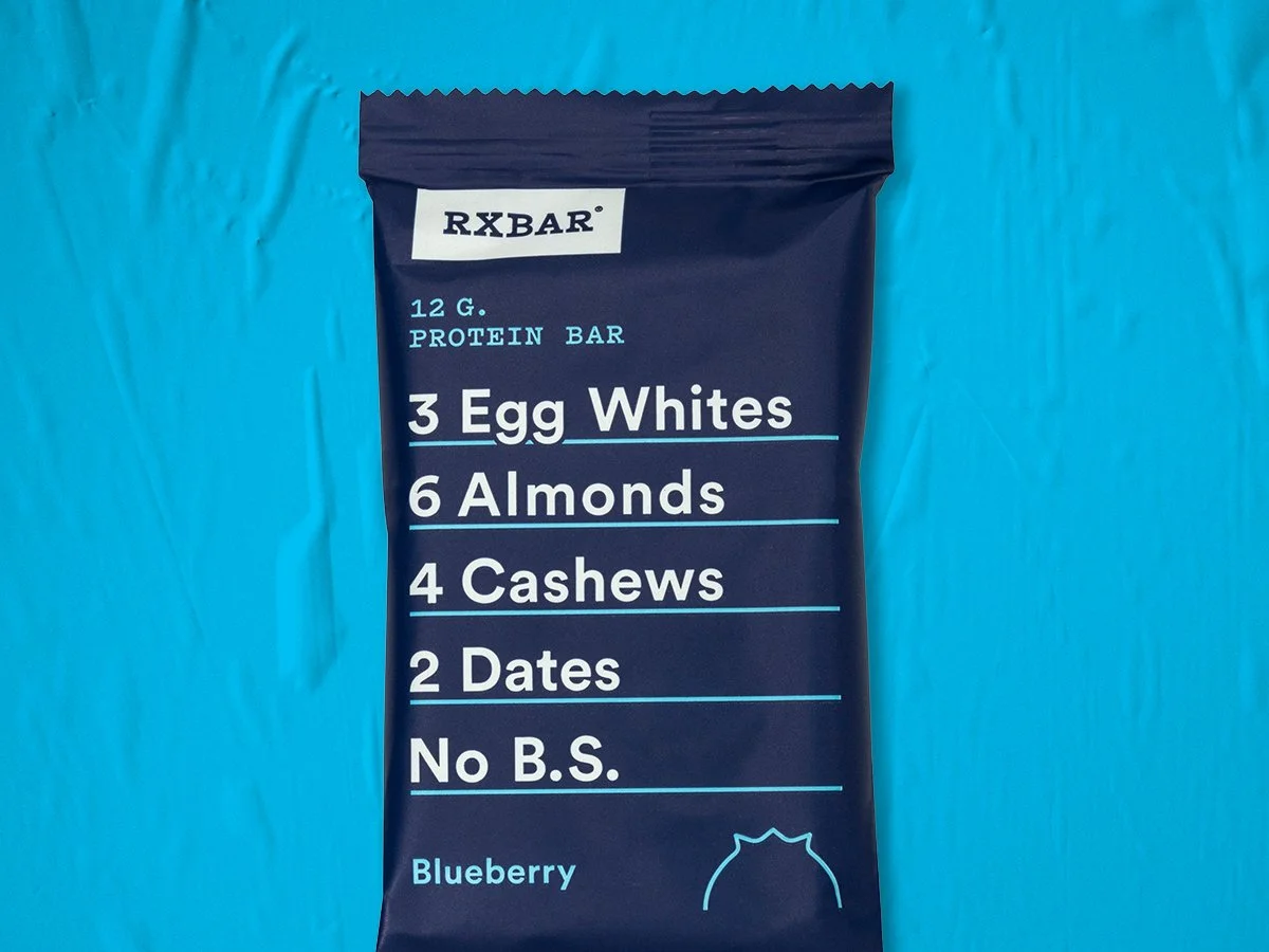 RXBAR Blueberry protein bar packaging featuring the ingredient list as the primary graphic design.