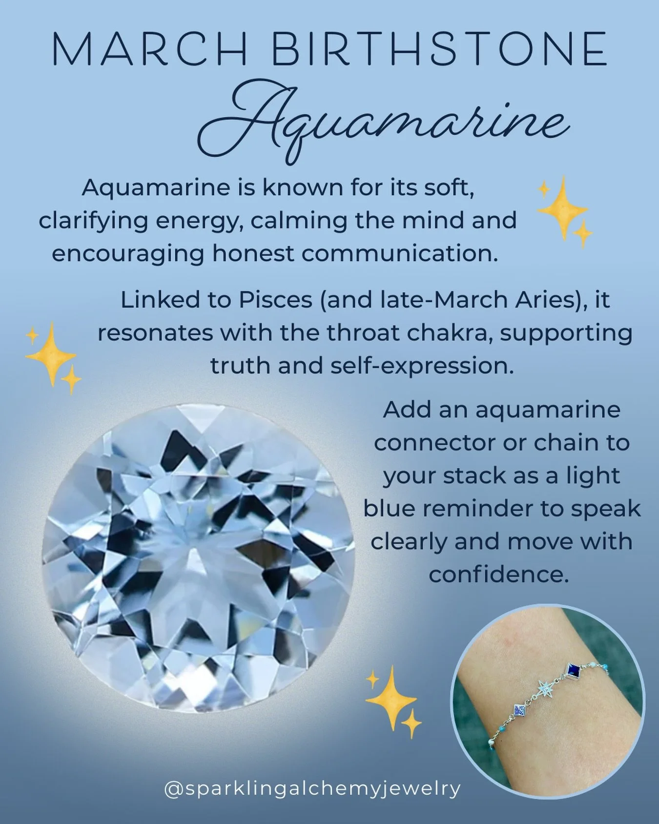March&rsquo;s birthstone is aquamarine. Soft, luminous, and quietly powerful. 💎✨

Known for its calming, clarifying energy, aquamarine is often associated with honest communication and confident self-expression. A gentle reminder to speak your truth