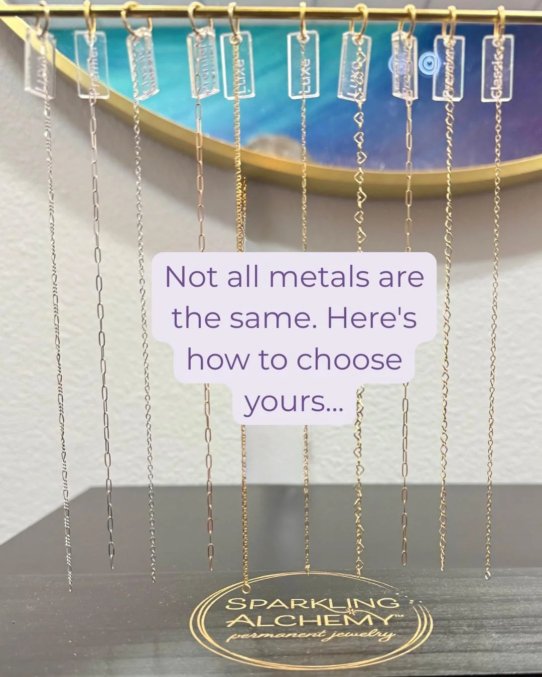 Choosing your permanent jewelry starts with choosing your metal.

Sterling silver. Gold filled. 14K solid gold. Each one is beautiful and wears differently.

Swipe to learn what each one means so you can book with confidence.

Comment or DM &ldquo;BO