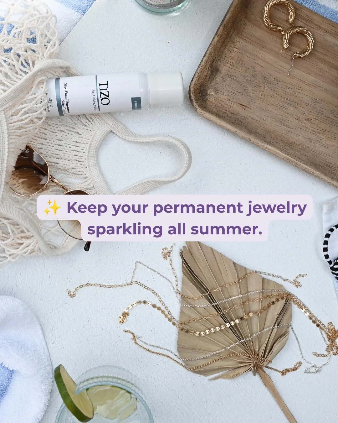 ✨ Sunscreen, chlorine, salt water, sand. Your permanent jewelry is along for every minute of summer, so let's talk about what it can actually handle.

Sterling silver, gold filled, and 14K solid gold are all safe to wear in the pool, at the beach, an