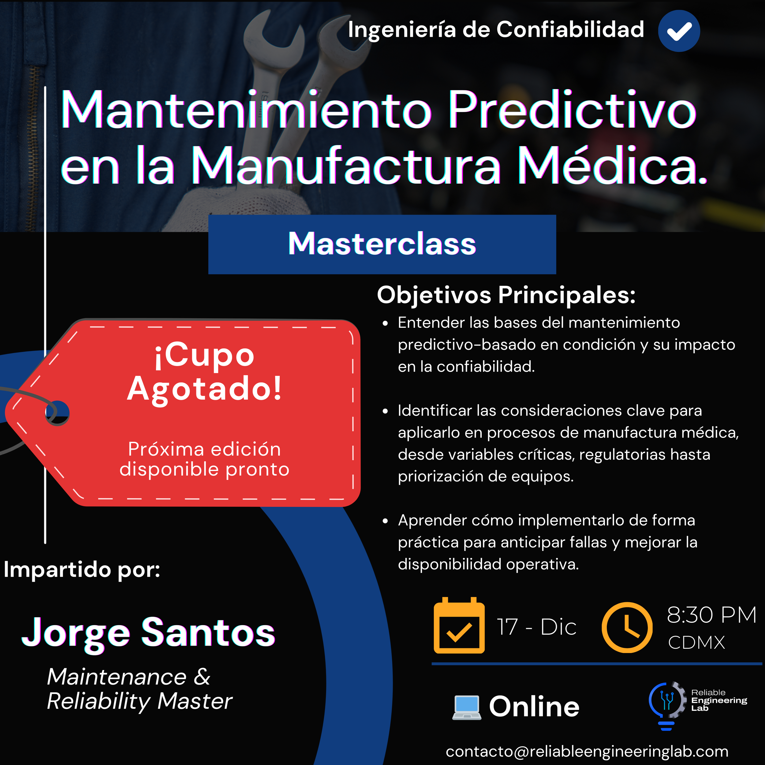 Black poster advertising a masterclass on predictive maintenance in medical manufacturing by Jorge Santos, with details about date, time, and online format, and a red tag indicating the course is full.