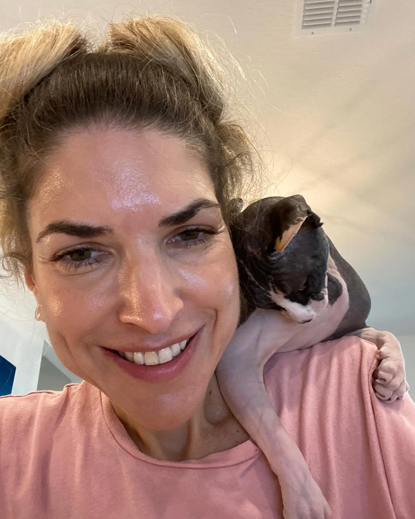 Demi is such a shoulder cat🦜, I call her my happy girl!💗☀️💗 She bounces around like a kitten and loves to be right with you all the time. When she is on your shoulders she just purrs and gives love. One of the wonderful qualities of a Sphynx!💚💕?