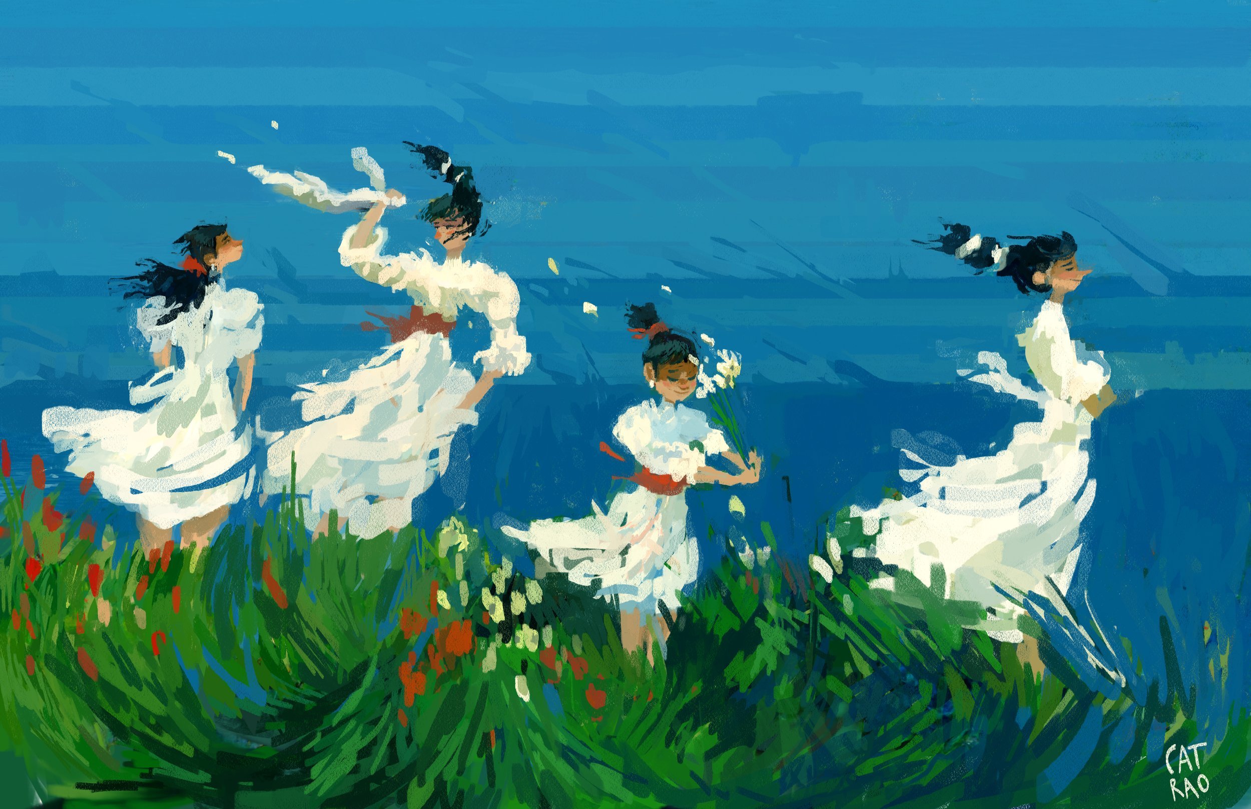 Four women in flowing white dresses dancing in a green meadow by the sea, in an impressionistic style.
art. impressionism.