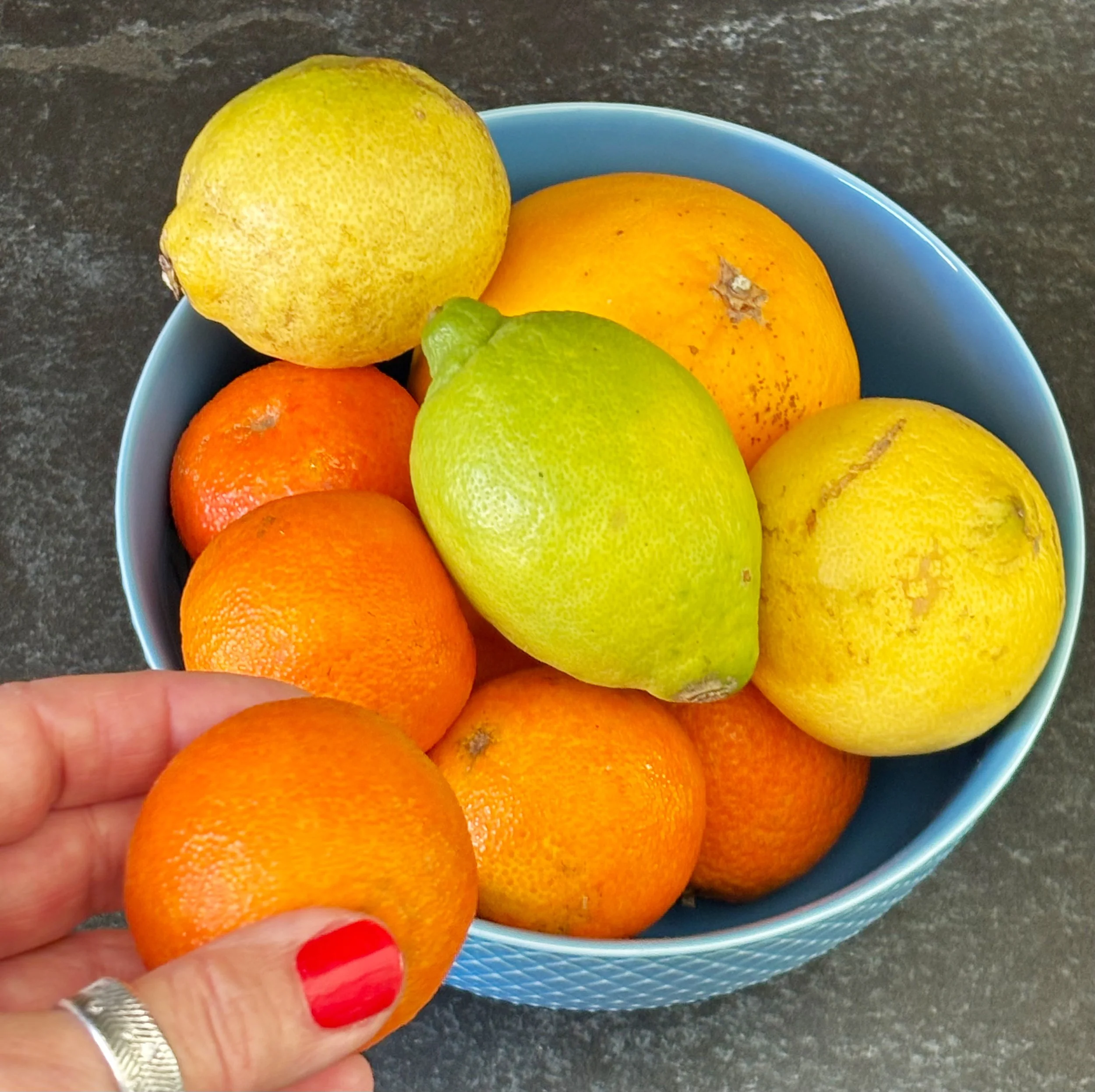 Bunte Schüssel mit Zitronen, Orangen, Mandarinen und einer Limette, eine Hand hält eine Mandarine, auf dunklem Hintergrund.