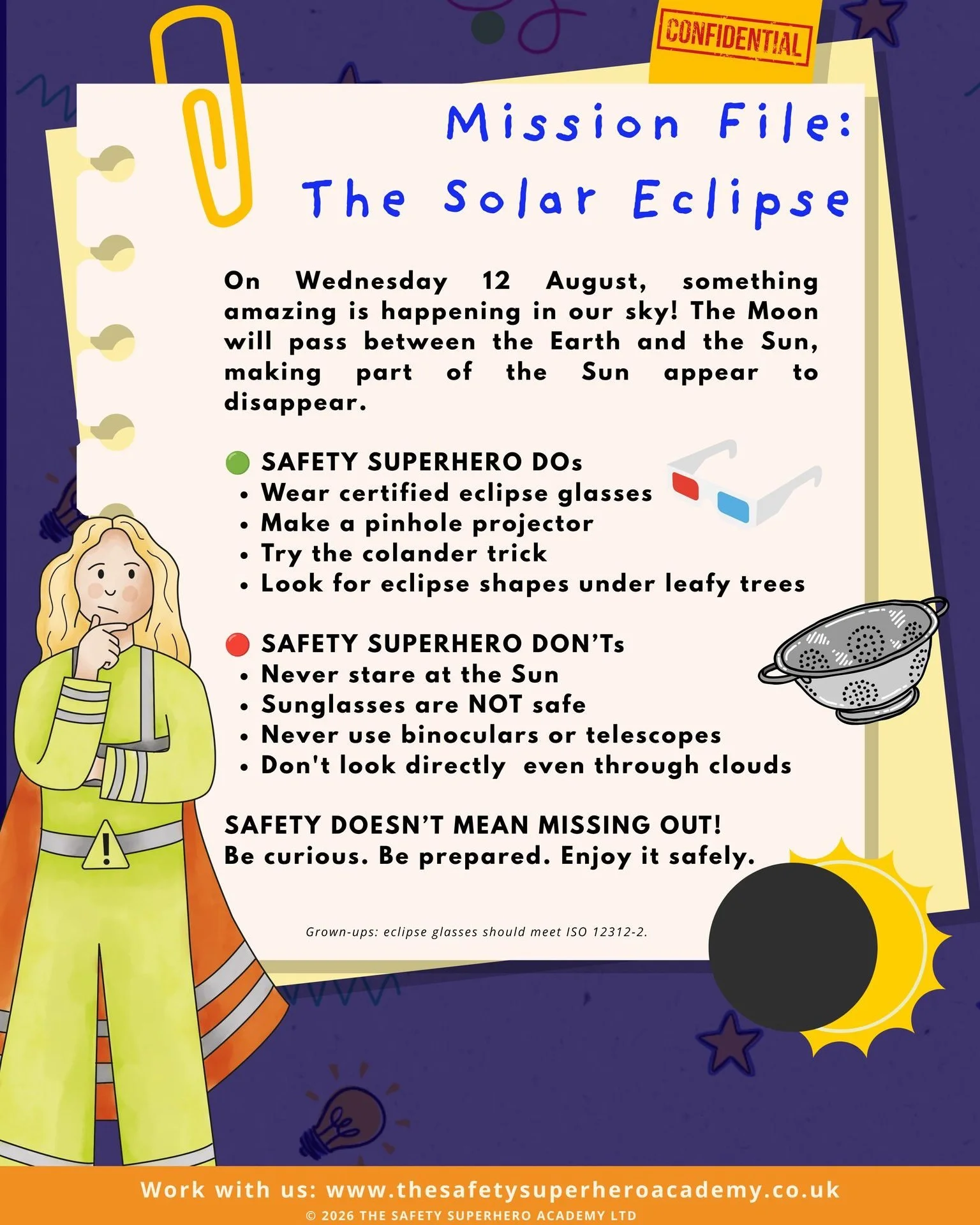 ☀️🌑 SAFETY SUPERHERO MISSION ALERT! 🦸

Something pretty amazing is happening in our skies this Wednesday&hellip;

On 12 August, we'll be able to see a partial solar eclipse from across the UK as the Moon passes between the Earth and the Sun, and we