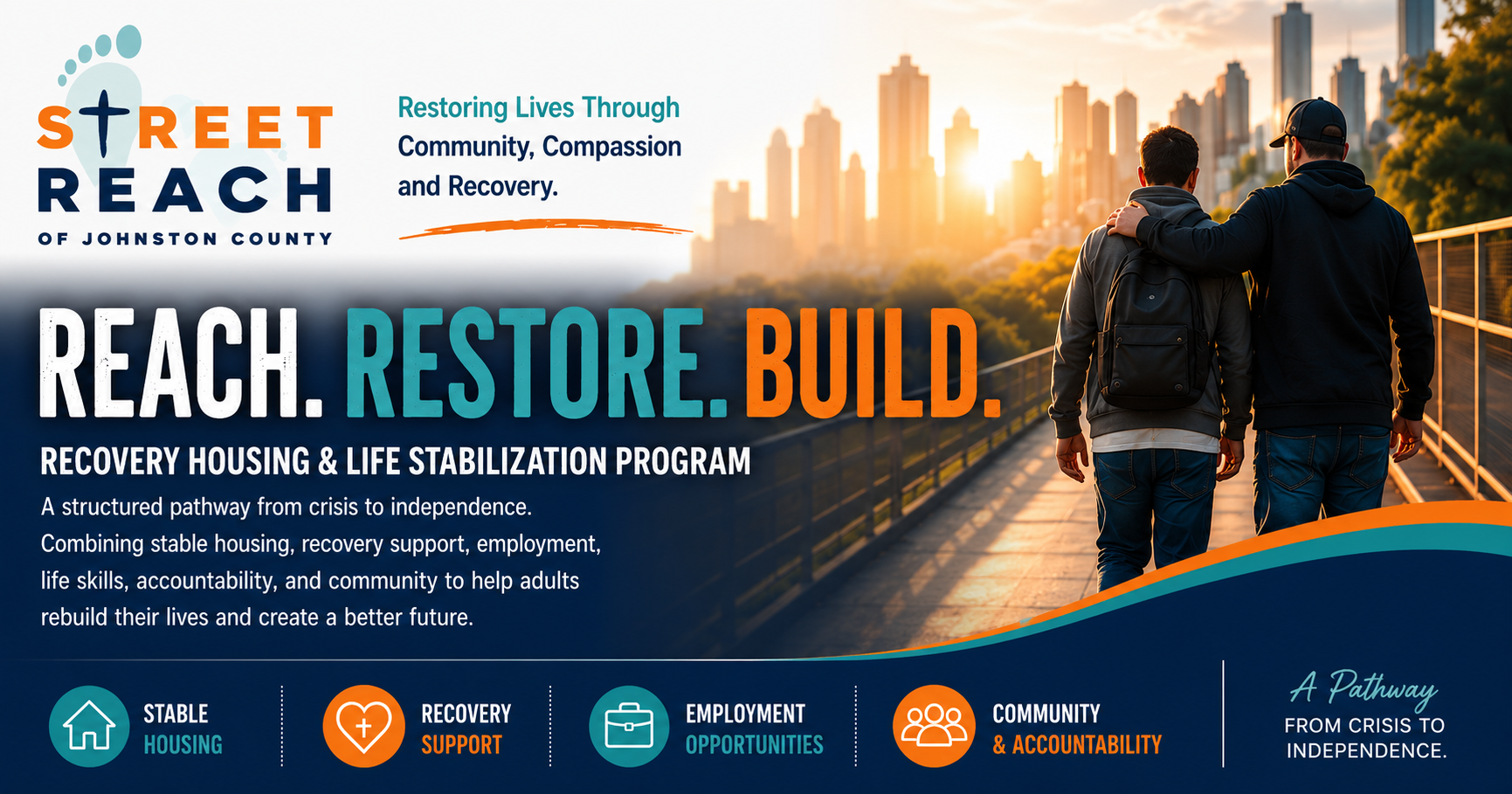 A promotional flyer for Street Reach of Johnston County featuring a sunset cityscape background with two men walking arm in arm on a bridge. The flyer emphasizes themes of community rebuilding with bold keywords: Reach, Restore, Build. Includes icons for housing, recovery support, employment opportunities, and community accountability, highlighting their pathway from crisis to independence.