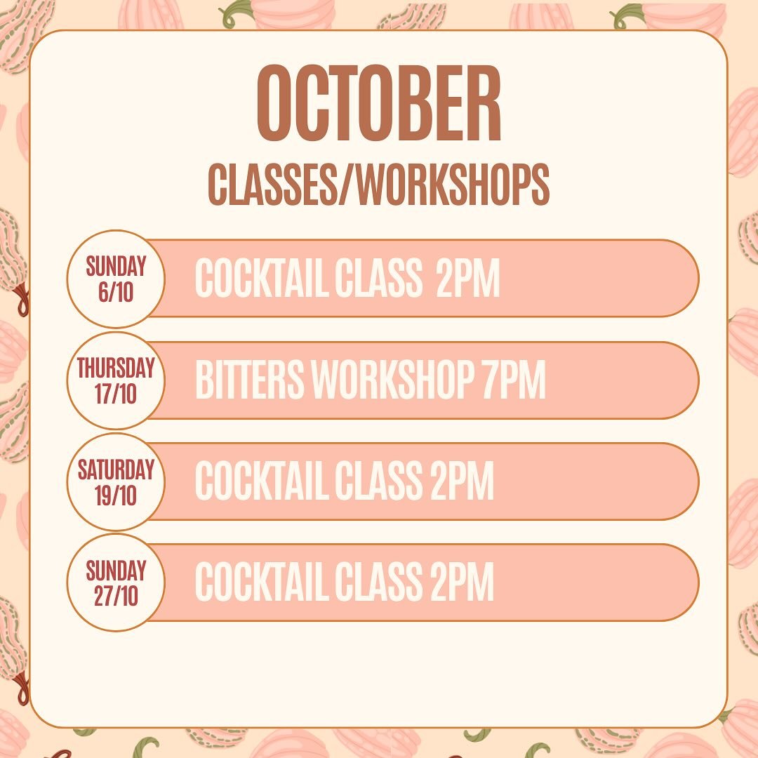 Excited to announce our October schedule🍁🎃 Join us for 3 cocktail classes and 1 bitters workshop. To reserve your spot, DM us or call the distillery at (519) 304-1900! Swipe for more details about the classes and workshops