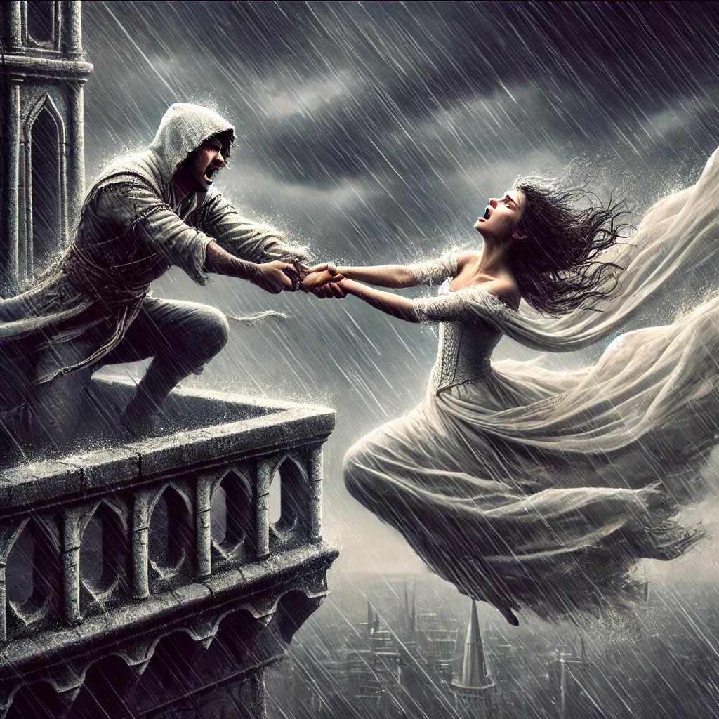 "Action-packed rescue scene showing Warend saving Princess Sara, highlighting the heroic elements of Stories of the Land."