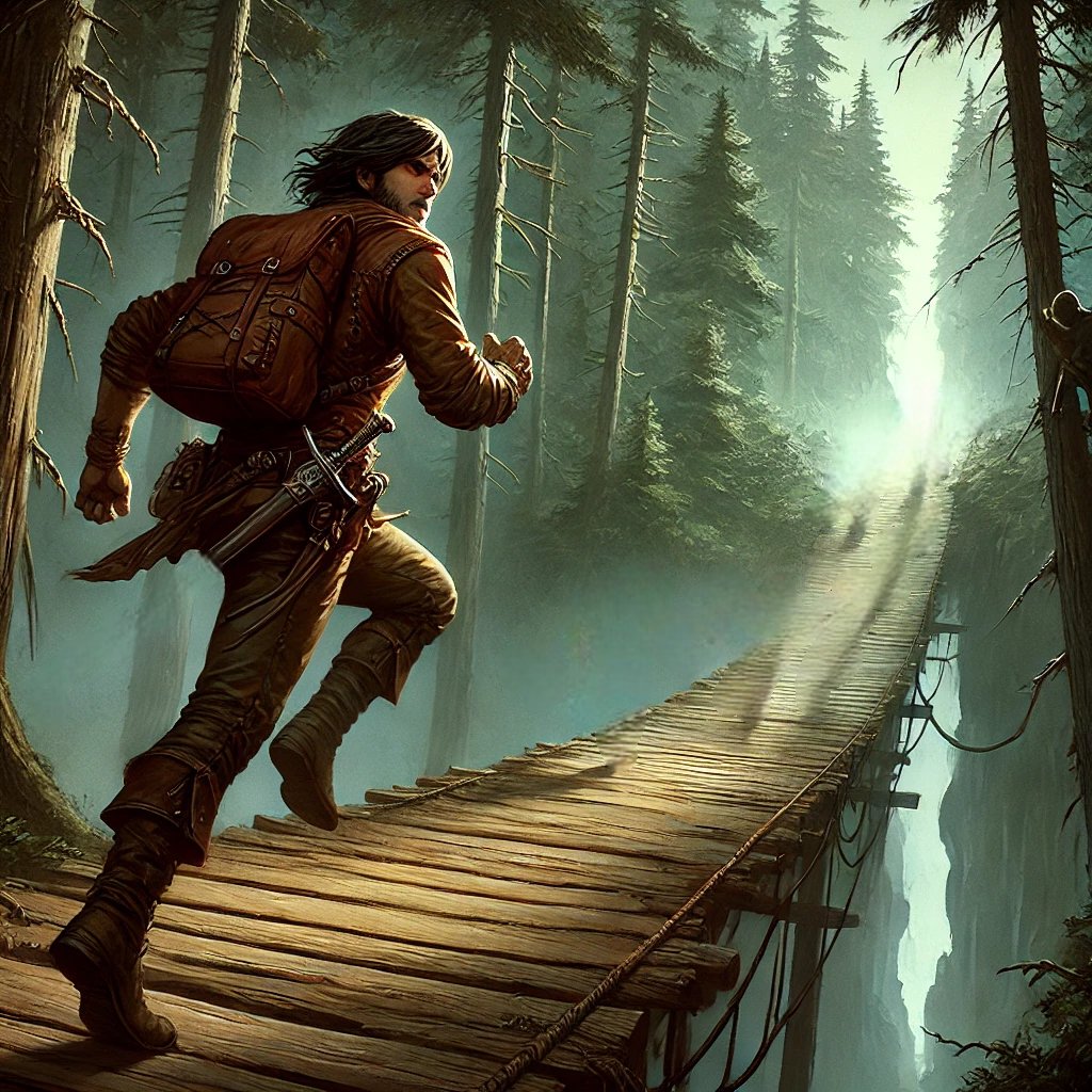 "Action scene of Aron racing across a weathered wooden bridge in the mystical Pentalia forest, capturing the adventure in Stories of the Land."
