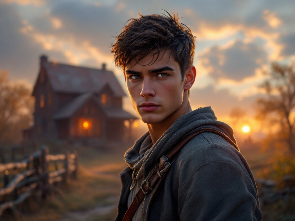 "Young hero Aron, the main protagonist of Stories of the Land fantasy series, depicted with determination and courage in his rural beginnings."