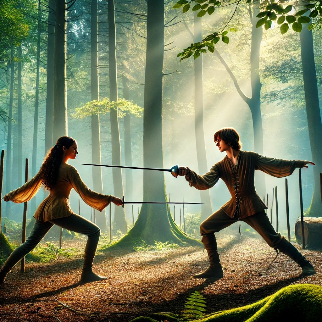 "Dynamic training scene featuring Aron and elfgirl Melea practicing swordplay, showcasing the growing friendship in Stories of the Land series."