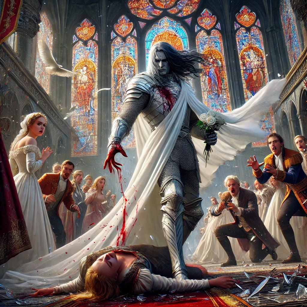 "Dramatic illustration of Serner's unexpected appearance at the royal wedding, capturing a turning point in Stories of the Land."