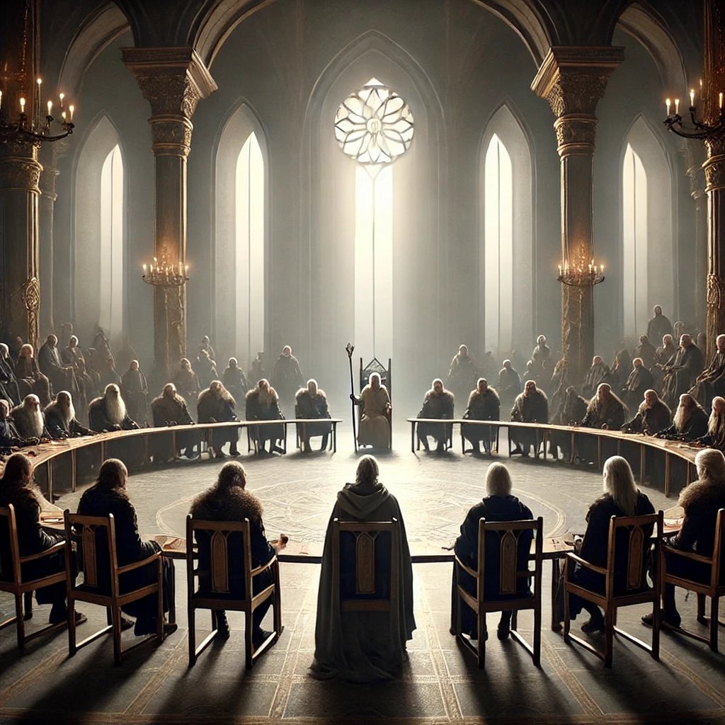 "Majestic scene of the Council of Elders gathered in The Great Room, showing the political intrigue of Stories of the Land."