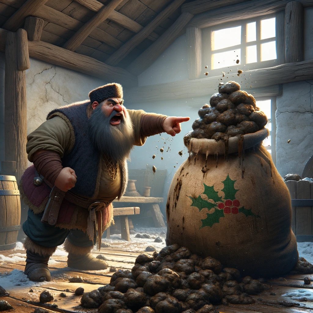 "Rural scene from Stories of the Land showing Aron's Uncle gesturing at damaged manure bags, highlighting the humble origins of our hero's journey."
