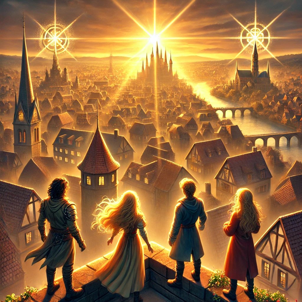"Panoramic view of Pentelia's rooftops revealing the hidden locations of the mysterious Sword of Elements, key artefact in Stories of the Land."