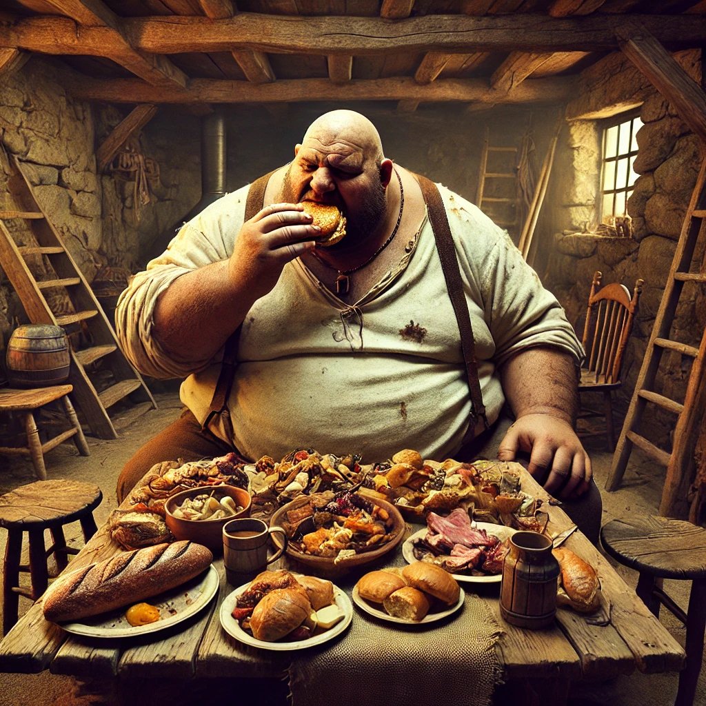 "Colourful character illustration of Fat Molten enjoying his morning feast, bringing humour to the Stories of the Land fantasy series."