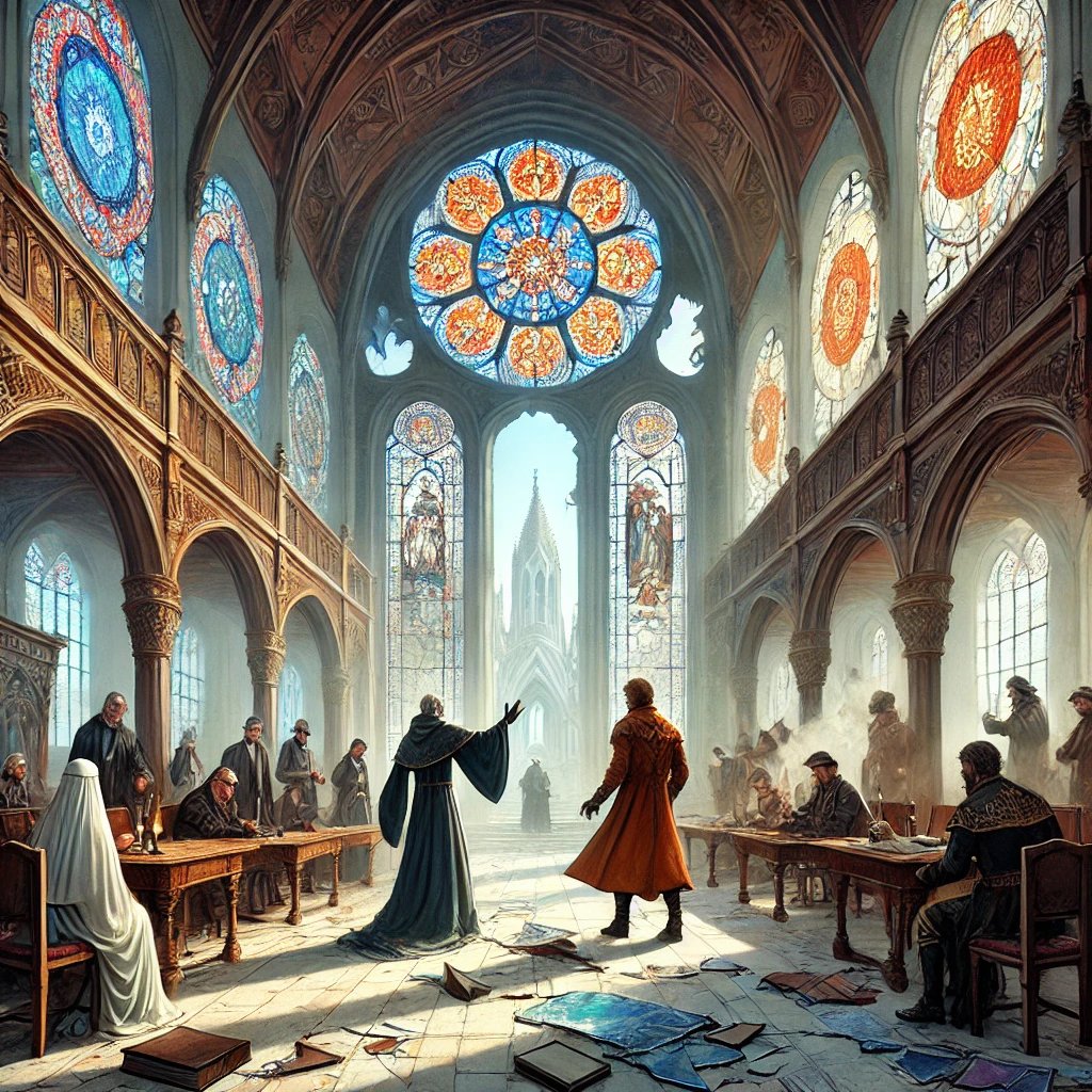 Artists debating stained-glass designs in Pentelia Palace's Great Room, showcasing the artistic elements of Stories of the Land: Curses and Spells.