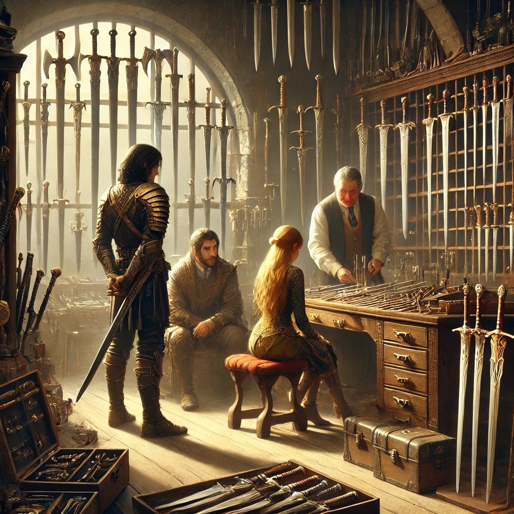 "Detailed shop scene in Wolter's weapons store with Aron, Melea, and Warend choosing their arms for adventure."