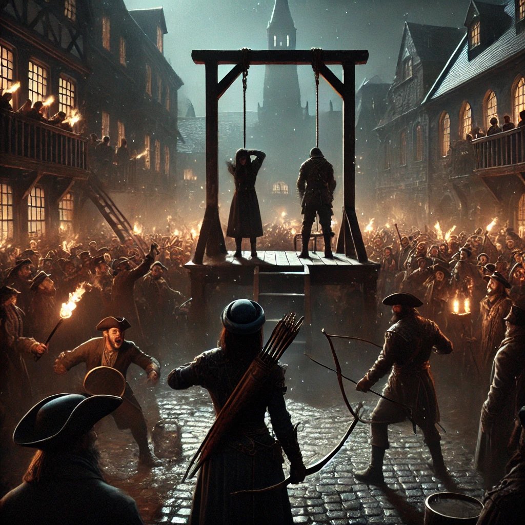 "Dawn execution scene on Pentelia's Main Square, depicting Aron's dramatic moment in Stories of the Land series."