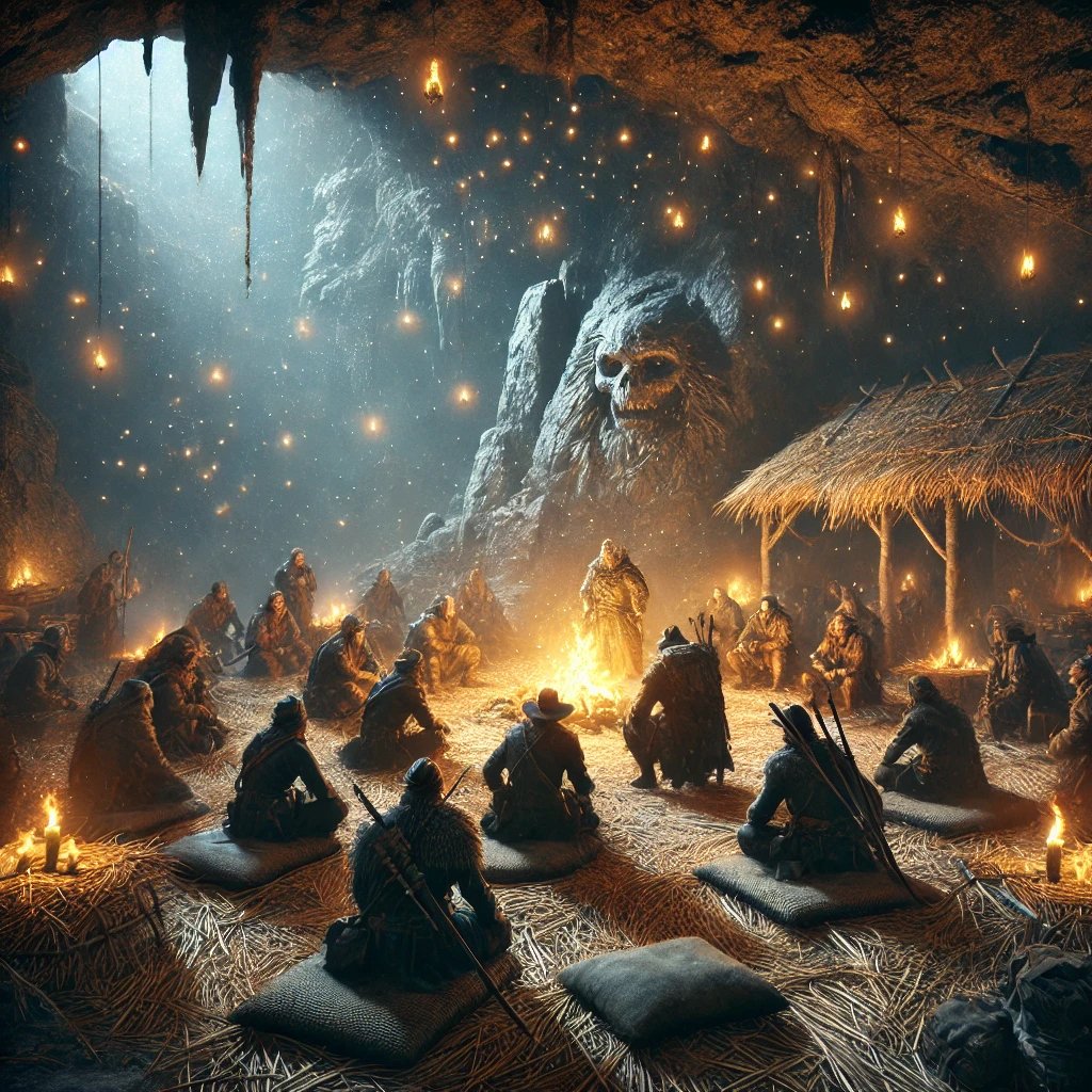"Atmospheric illustration of Warend's gang gathered in their secret cave hideout, adding intrigue to Stories of the Land fantasy series."