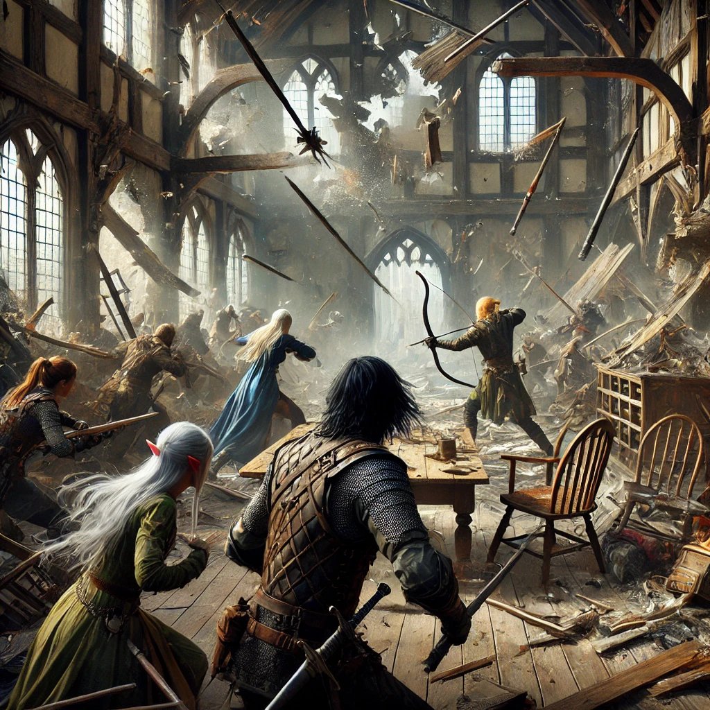Action-packed city ambush scene with crossbow assault, highlighting danger in Stories of the Land: Curses and Spells.