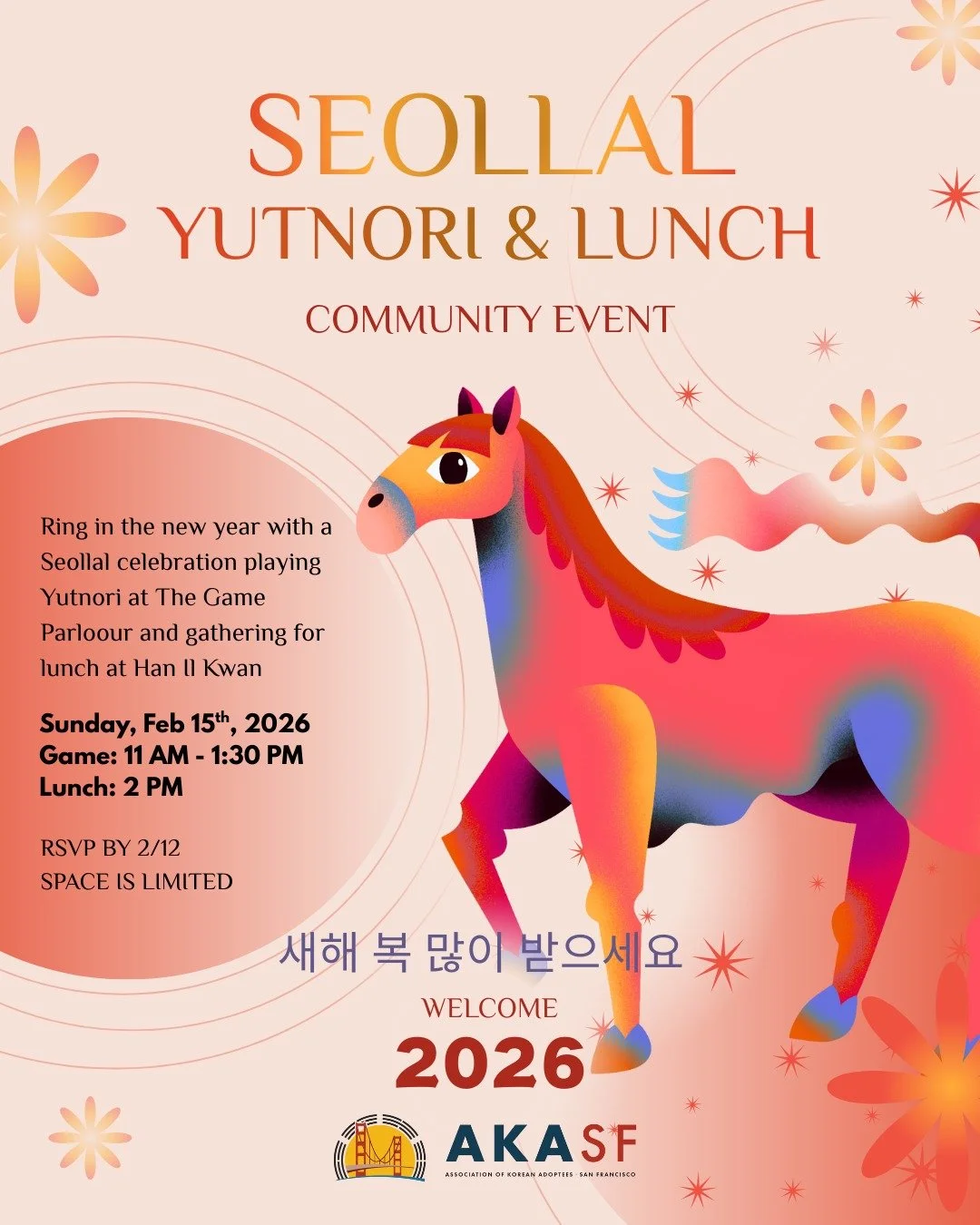 🏮Ring in the new year with a Seollal celebration playing Yutnori and gathering for a Korean lunch. 

🇰🇷 Learn to play the traditional Korean board game of Yutnori at the Game Parlour and / or join us for lunch at Han Il Kwan. 

💕 Open to all adop