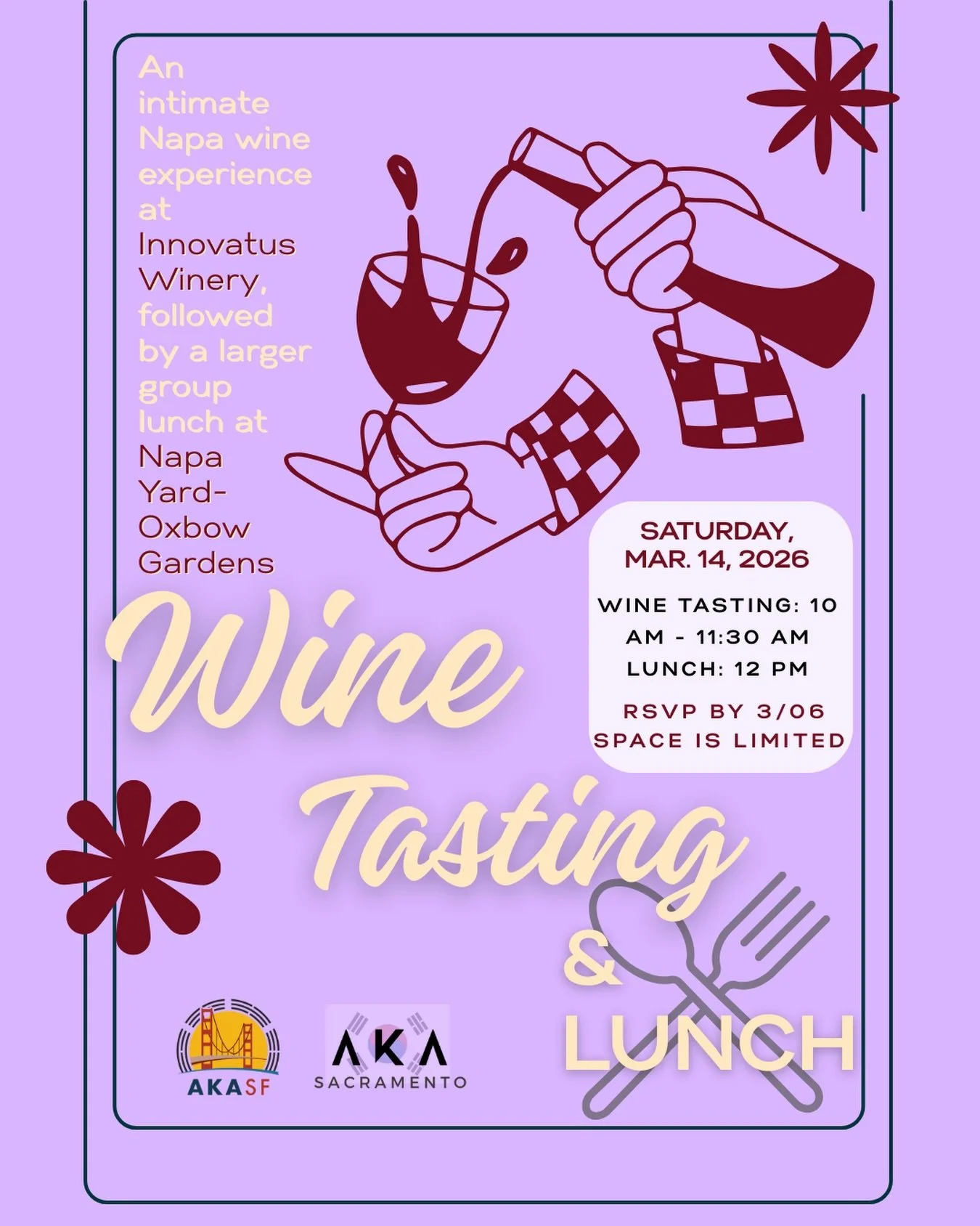 ✨ An Intimate Napa Wine Experience + Lunch to Follow ✨

AKASF 🤝 AKASacramento are collaborating for a special Napa gathering &mdash; Private wine tasting + production tour at Innovatus Winery with the first female Korean American Winemaker in Napa V