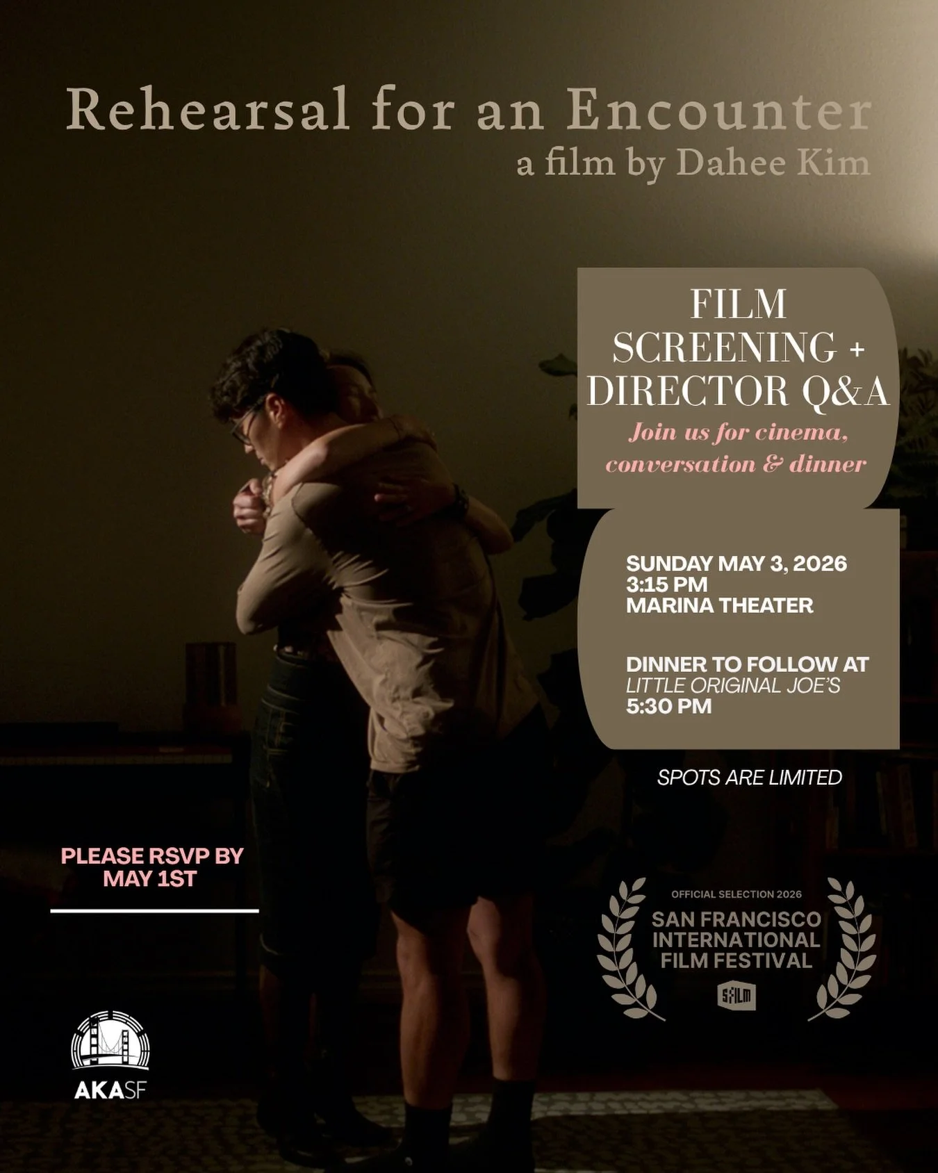 Cinema &amp; Conversation 🎬
Rehearsal for an Encounter

Join us for a group outing to support fellow KAD @daheekiminla short film, featured in SFFILM&rsquo;s Shorts Block: Shapes of Love.

⸻

📍 Sunday, May 3
3:15 PM &ndash; Marina Theatre
2149 Ches