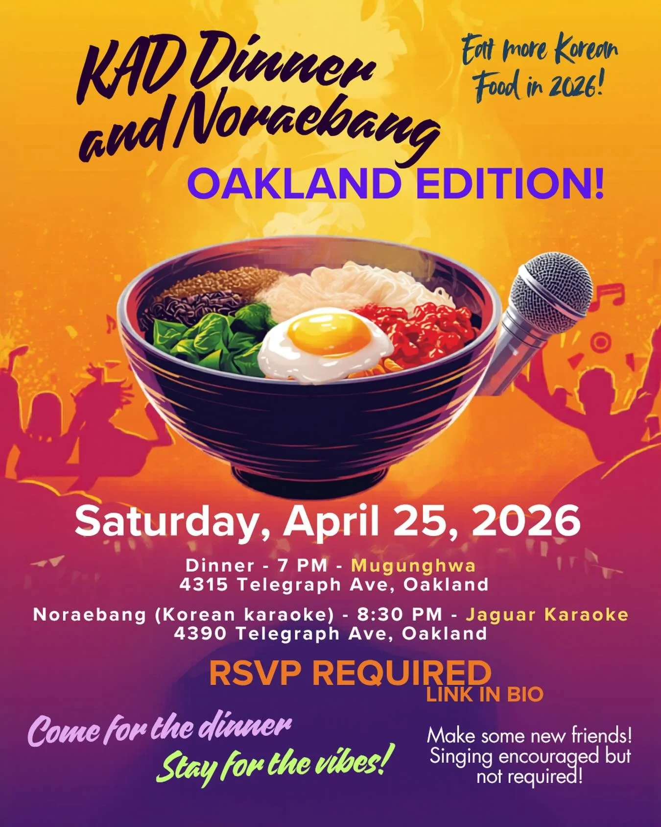 🥢Let&rsquo;s eat more Korean food and make some friends while we do it! 

🎤 This month&rsquo;s KAD Dinner party takes us to Oakland to eat food at the much-recommended Mugunghwa followed by Noraebang (Korean karaoke)! You&rsquo;re welcomed to atten