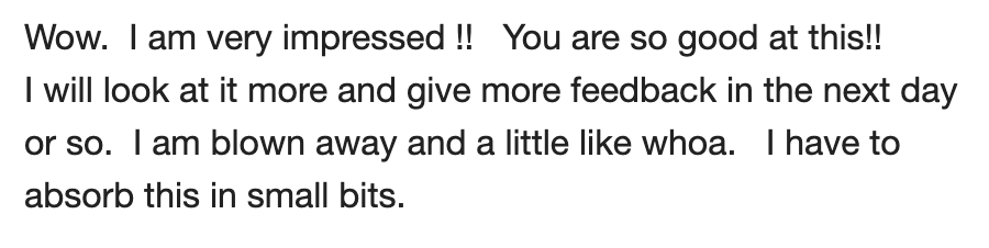 A textual note showing excitement and praise for someone's skill or work, mentioning being impressed, blown away, and needing to absorb more information.