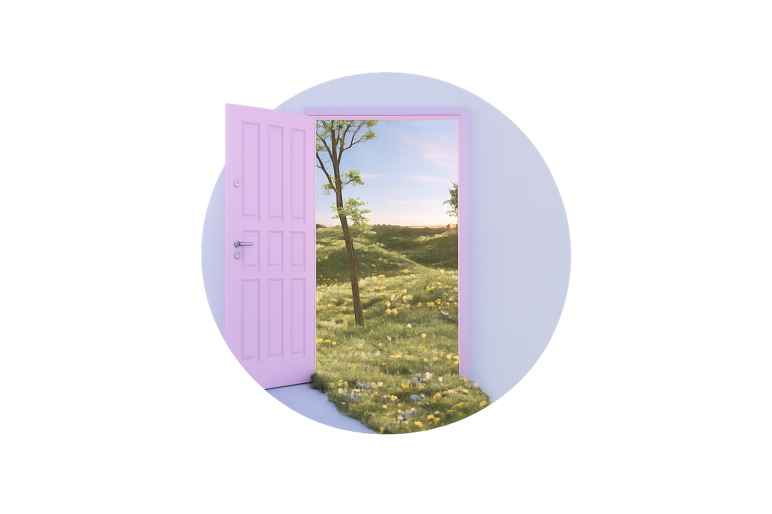 An open pink door looking out onto a grassy landscape with trees and a dirt path under a blue sky with some clouds.