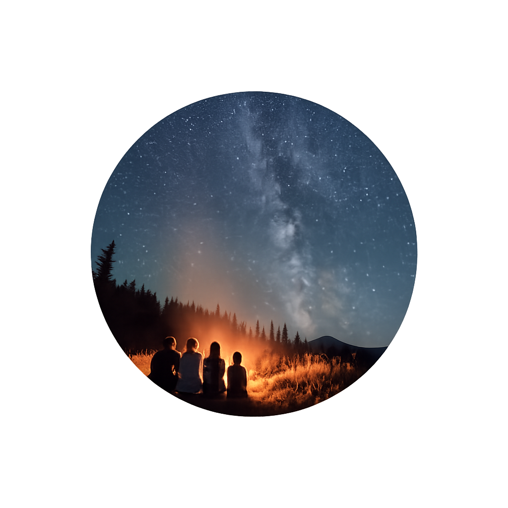 Four people sitting around a campfire at night, gazing at the starry sky with the Milky Way galaxy visible, surrounded by trees and mountains in the background.
