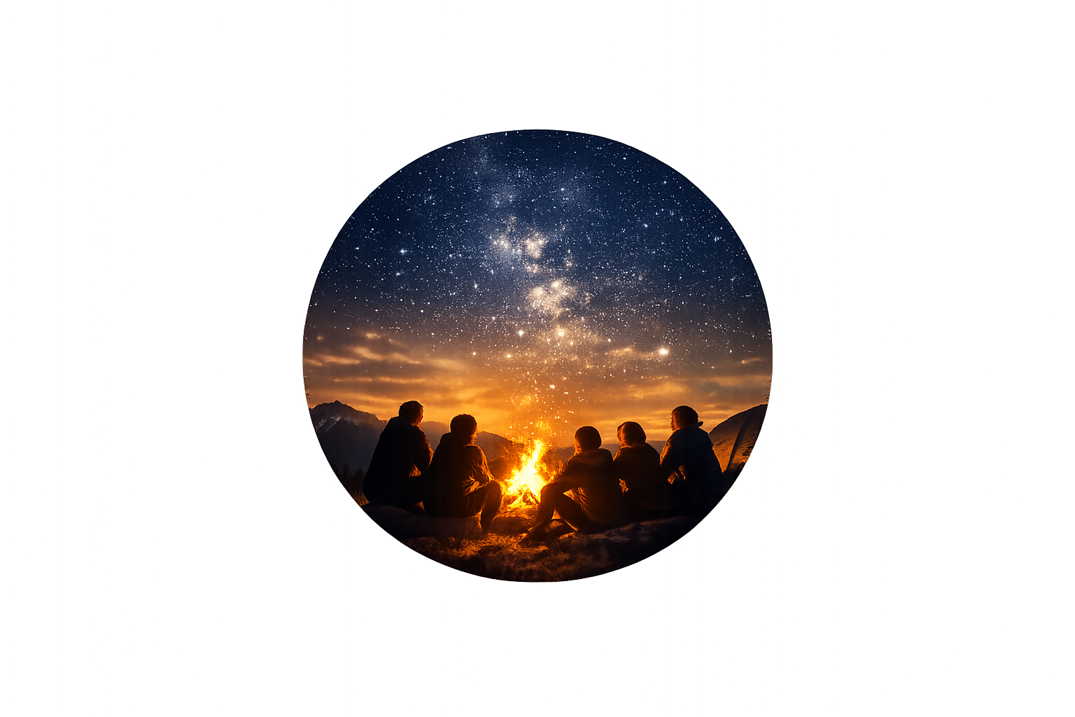 Silhouettes of five people sitting around a campfire outdoors at sunset, with mountains in the background and a star-filled night sky including the Milky Way.