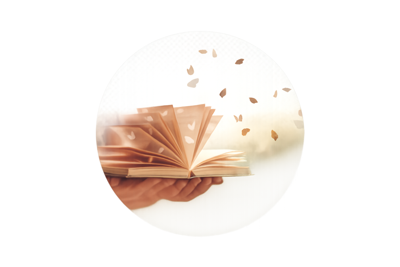 A hand holding an open book with pages fanned out, with paper petals floating around in a blurred background.