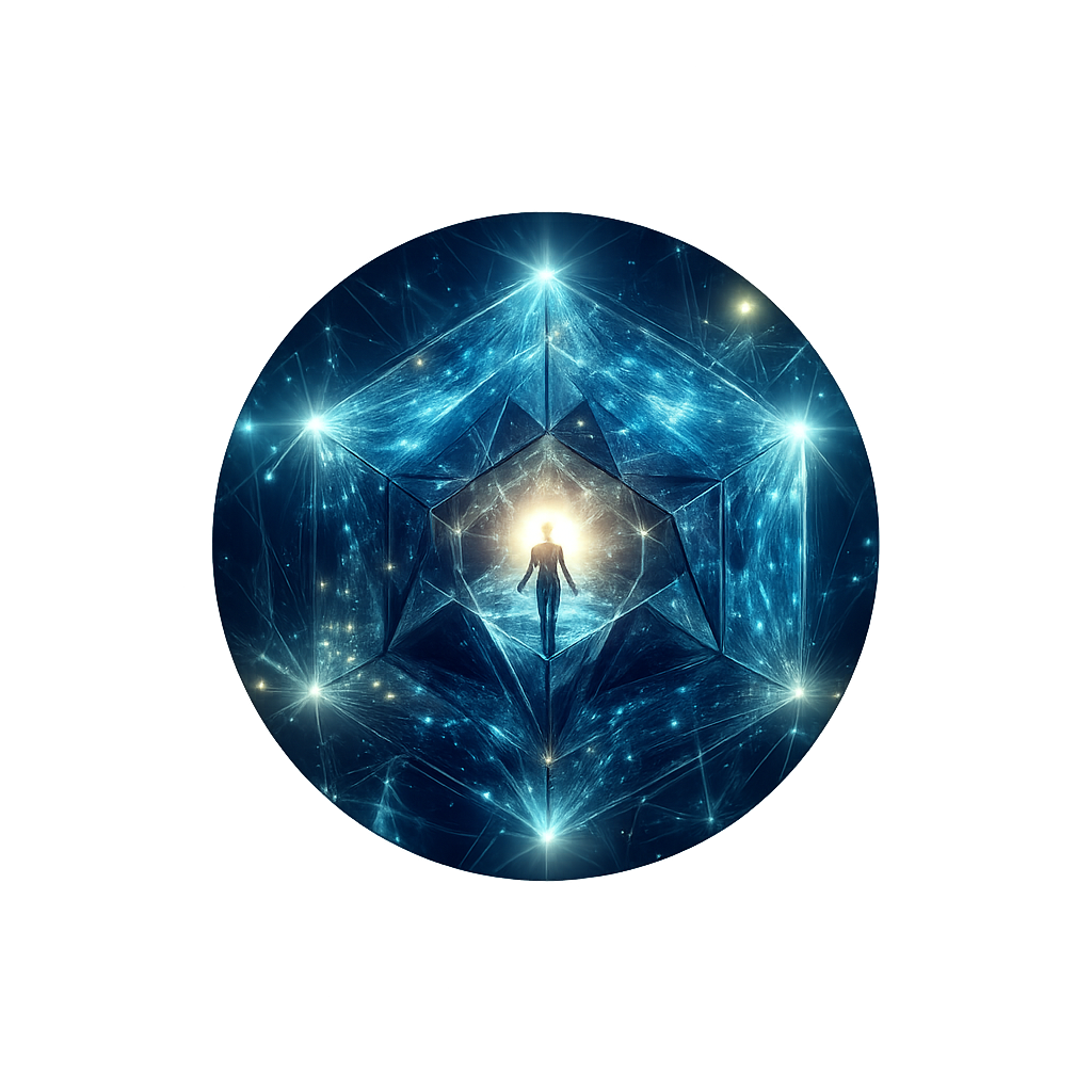 A glowing human figure standing inside a futuristic, glowing blue geometric structure with bright stars and cosmic elements, giving a sci-fi or spiritual impression.