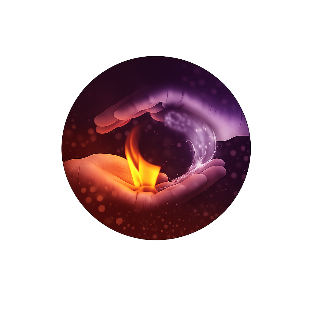 Hands holding a glowing lotus flower surrounded by swirling cosmic energy and particles.