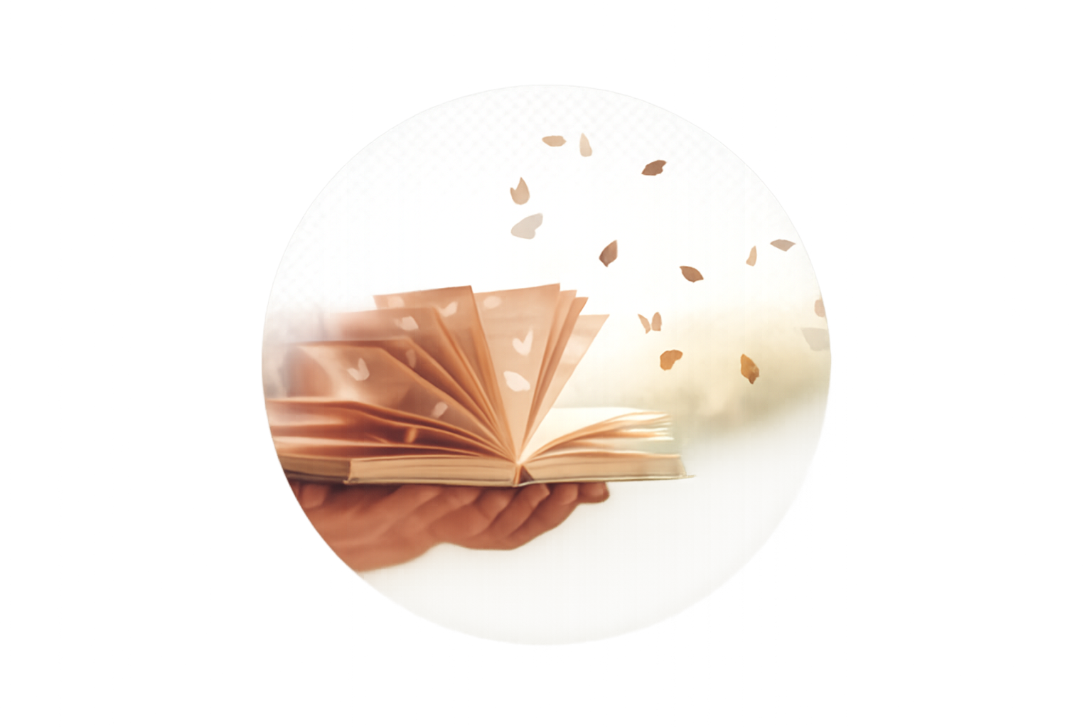 A person's hand holding an open book with pages turning, surrounded by falling petal-like leaves, against a bright, circular background.