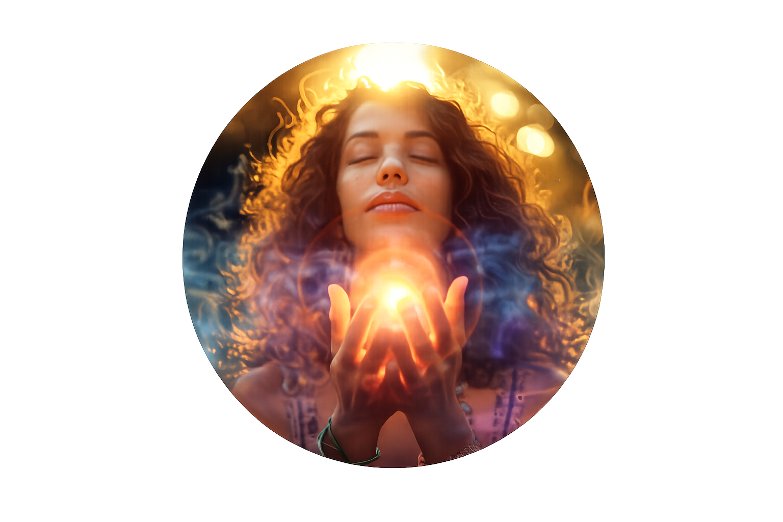 A woman with curly hair holding a glowing orb with bright light surrounding her head and hands, creating a mystical and ethereal scene.