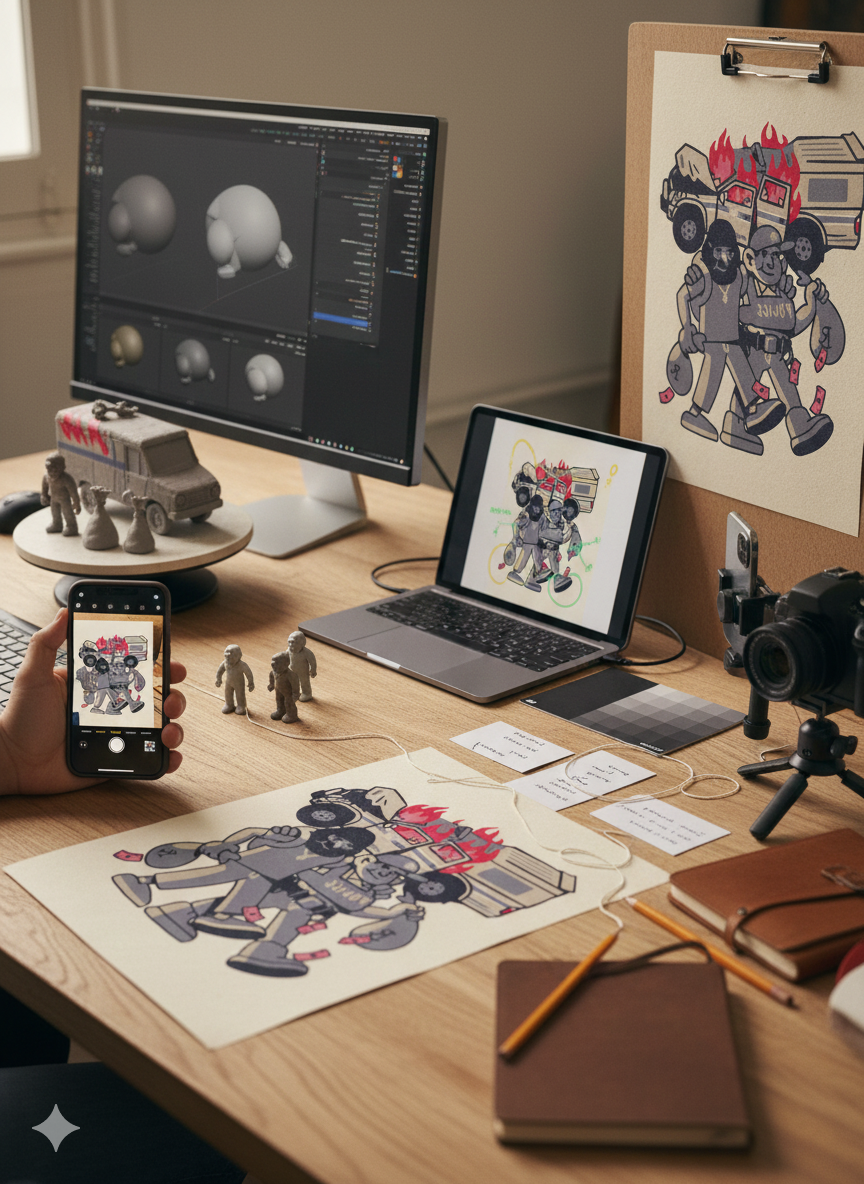 Workspace with digital art creation of comic-style characters and vehicle, monitors displaying 3D models and illustrations, sketches, figurines, camera, and art supplies.