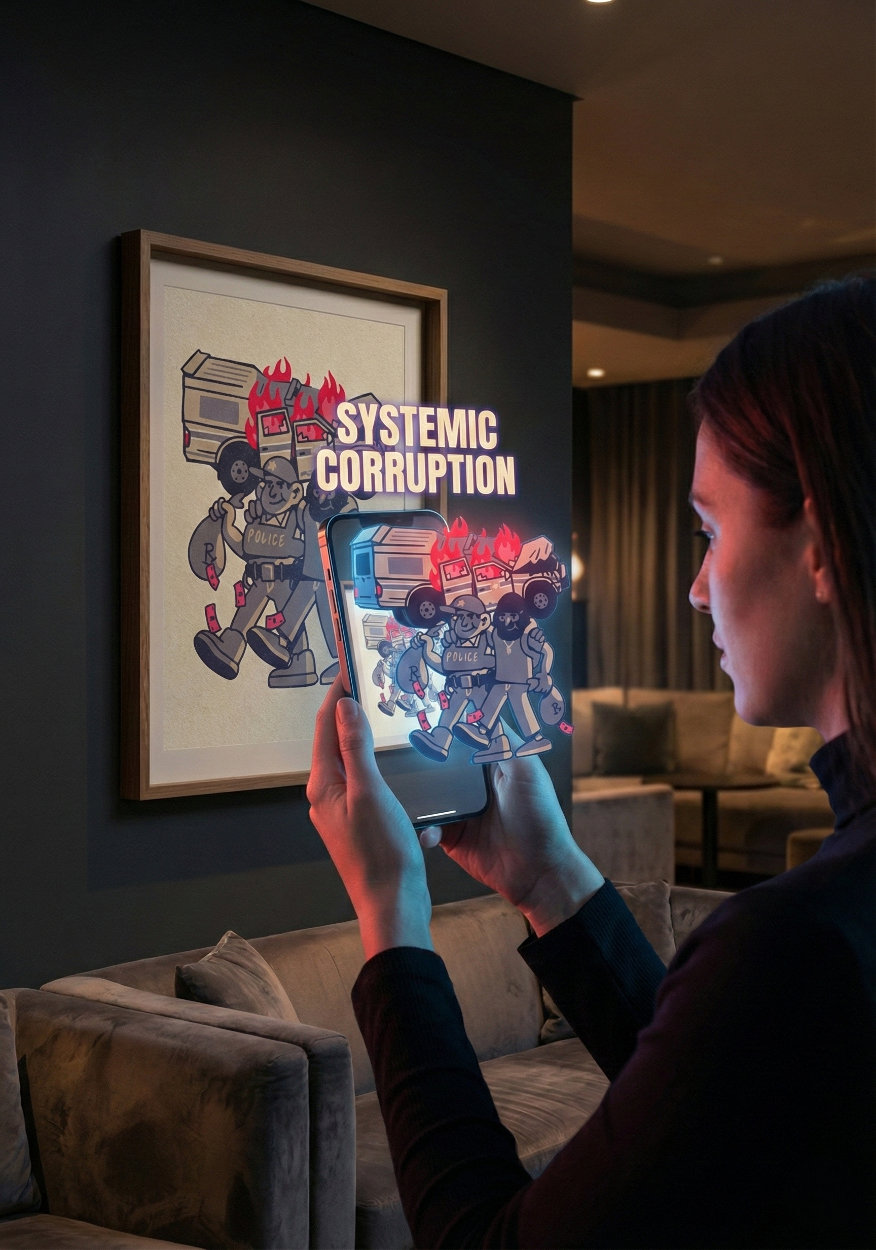 A woman using a phone to view an augmented reality overlay titled 'Systemic Corruption,' showing cartoon police officers and burning police vehicles on the phone's screen, with a framed artwork of a similar scene on a dark wall behind her.