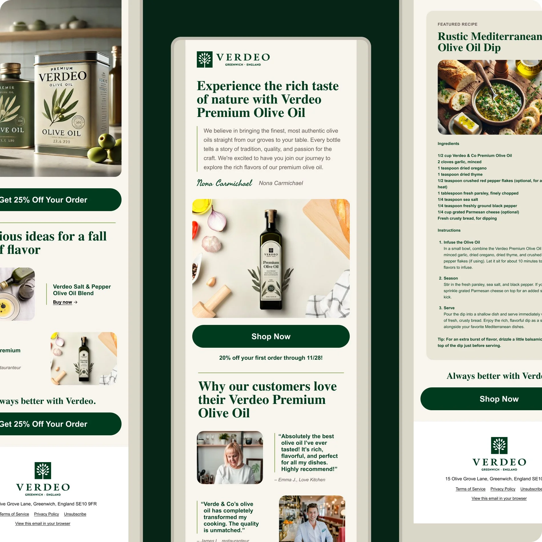 three preview images of an email campaign for an olive oil company