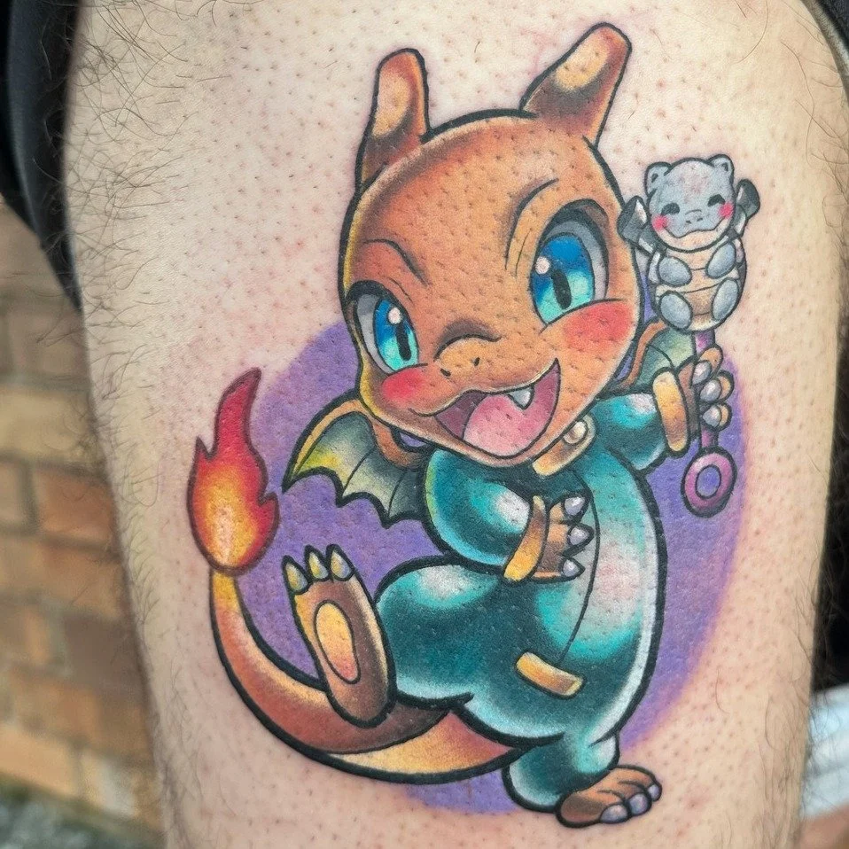 🔥RAWWWRR🔥 *shakes rattle* if Charizard was a baby done by Tiffany @sweetti.tattoo 
#pokemontattoo #charizard #colortattoo #animetattoo #atomicvalkyrie #warnerrobinstattoo #georgiatattoo