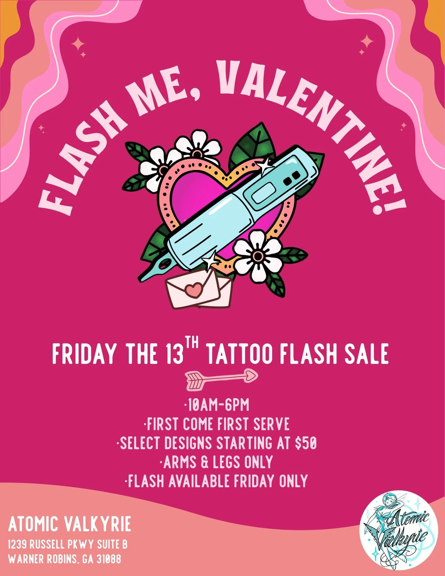 💘Flash Me, Valentine💘
Friday the 13th Tattoo Flash Sale!!
Stop in on Friday February 13th from 10am to 6pm for an all day tattoo flash event❣️

✨Tattoos will be first come first serve on a walk-in basis only, so no appointment needed. Select design